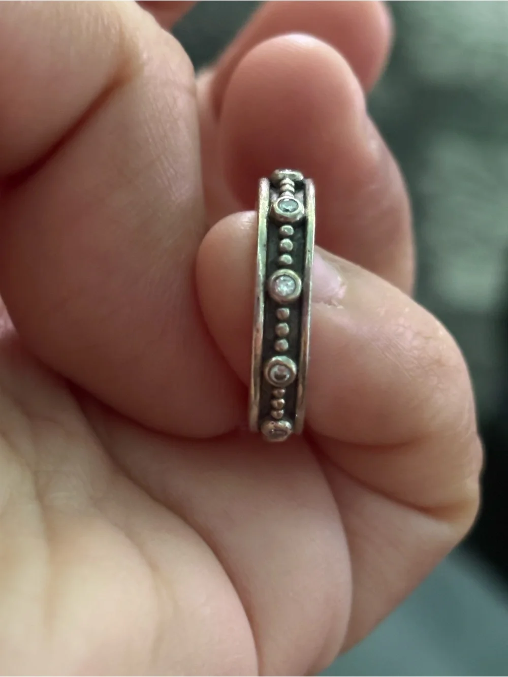 Pandora Silver Beaded Band Ring with Clear Stones